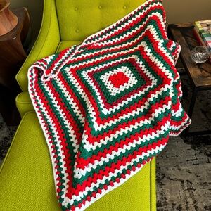 Handmade Afghan Crocheted Red Green White Christmas Multicolour Throw Blanket